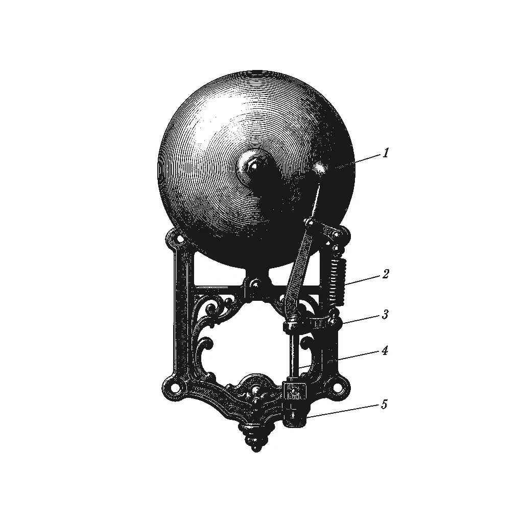 Steel engraving of a wall-mounted fire alarm bell